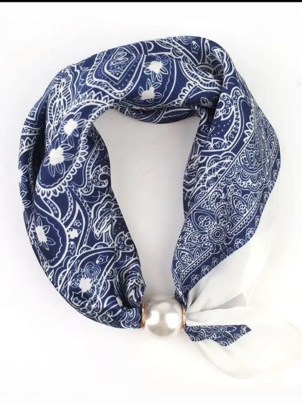 ShopEvelynne Navy and White Paisley Silk-Feel Scarf with Pearl Ring